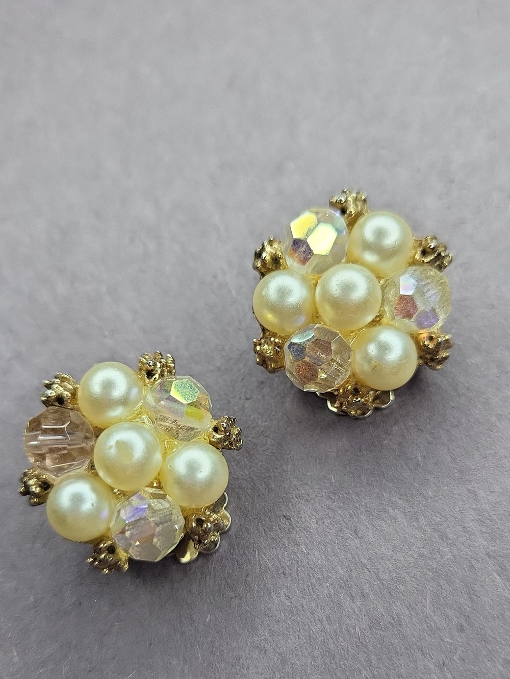 Gold Pearl Cluster Clip Earrings with Aurora Crystal Accents - Picture 3 of 3